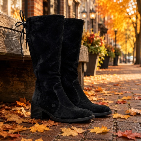 Born Shoes - Born Felicia Womens 8.5 Black Suede Tall Wide Calf Block Heel Lace Up Boots